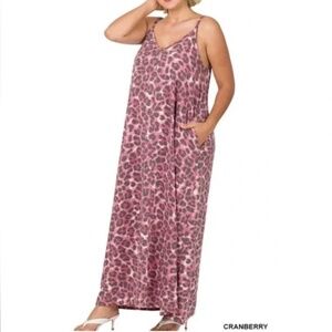 Zenana Cranberry Leopard Maxi Dress with pockets nip